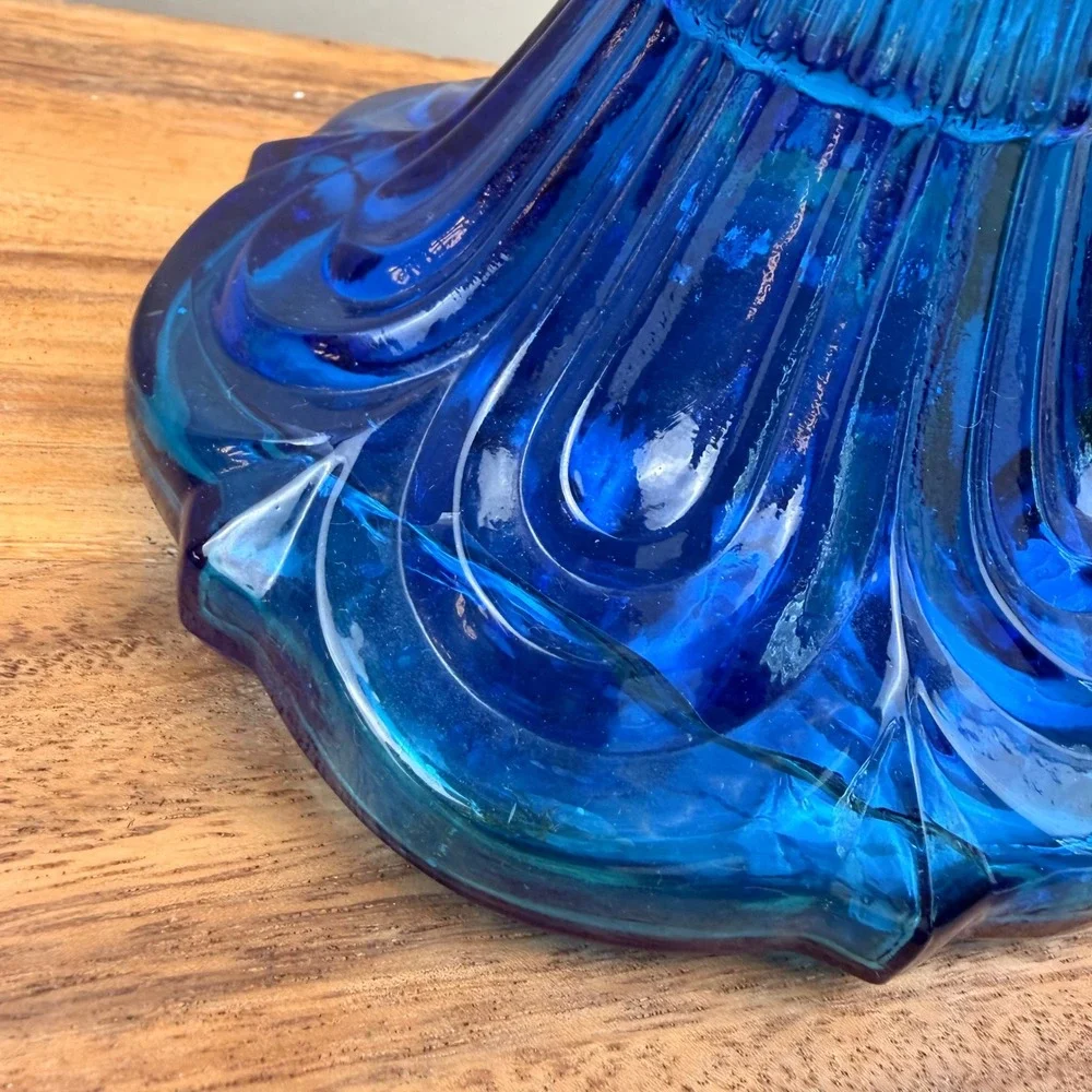 Vintage Blue Glass Hurricane Candle Holder Floral Embossed 2 Piece 18.5 Inch